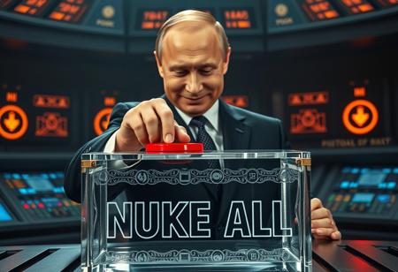“A dramatic scene featuring Vladimir Putin, dressed in a dark tailored suit, smirking confidently as he presses a large red button on top of a transparent crystal box. The box has intricate carvings, including the bold phrase ‘NUKE ALL’ engraved in sharp, menacing letters. The environment is a dimly lit, high-tech command center with glowing control panels and a sense of urgency. Putin’s expression is a mix of calculated determination and sinister amusement, with shadows adding depth to his features. The setting conveys tension and a looming sense of global consequence.”