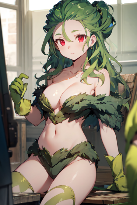 MitochondriaEveFate, 1girl, green gloves, green hair, navel, long hair, red eyes, medium breasts, collarbone, colored skin, cleavage, bare shoulders, strapless, 