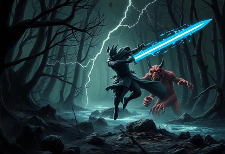 a dark forest, shadows, dead trees, black river, wind, dead leafs flying, rocks, dirt, a broken armor dark muscle night jumping holding with both hands a big blue sword while a thunder falling on the sword shining bandaged hands  torn cape, ready to hit a red ugly monster