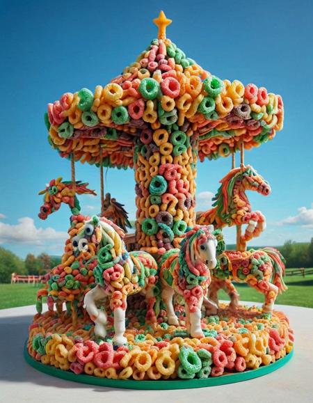 A carnival carousel with horses and decorations made of fruit loops, spinning under a sunny sky. <lora:FruitLoopStyle:1>