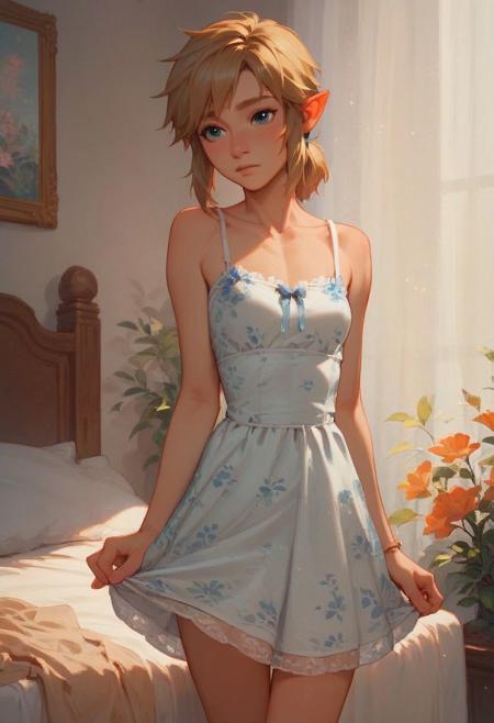 score_9, score_8_up, score_7_up, score_6_up, short petite cute boy Link wearing floral sundress, short ponytail, blue eyes, standing in bedroom