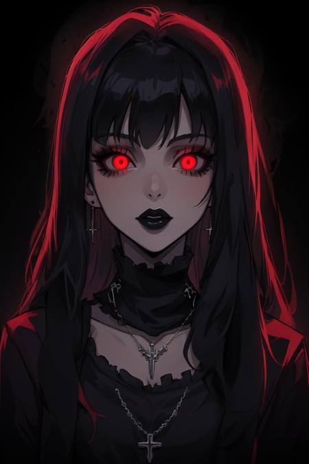 Goth girl 1girl,solo,long hair,looking at viewer,red eyes,jewelry,necklace,makeup,lipstick,black background,portrait,glowing eyes,  <lora:Goth_girl-v1.5:0.8>