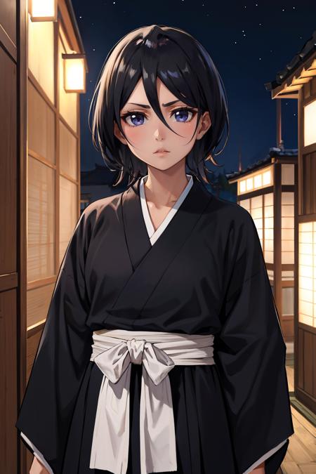 masterpiece, best quality, <lora:rukia-nvwls-v1-000010:0.9> kuchikirukia, black robes, sash, standing, upper body, looking at viewer, furrowed brow, night, japanese architecture