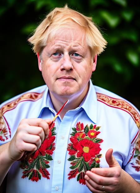 (masterpiece, best quality, awards winner) close up portrait Boris Johnson former Deputy Prime Minister of Great Britain dressed in embroidered shirt sing song, (floral embroidery, floral print, pointing)t, epic character composition, by ilya kuvshinov, alessio albi, nina masic, sharp focus, natural lighting, subsurface scattering, f2, 35mm, film grain,
  <lora:edgVyshivanka:0.7>   <lora:boris:1>