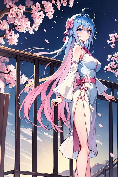 (masterpiece:1.2), mistress, best quality, ultra high res, shiny skin, fashi-g, mature female, ultra high res, perfect anatomy, best shadow, best quality,  ((1girl, solo)), cherry blossoms tree, cherry blossoms, flower, petals, pink flower, spring_\(season\), moonlight, cloud, falling cherry blossoms, full moon, petals on river, china bridge, river cross bridge, faraway,  (side face, stand sideways, lower one's head:1.3) ,long hair,  white shirt, short skirt, blue shirt, disheveled hair, ribbon around the arm, night, bangs, blue-pink hair, ahoge, pink_theme, standing in bridge,  ruminate, blue eyes, breasts, <lyco:fashionGirl_v54:0.1>, <lora:UhP:0.8>