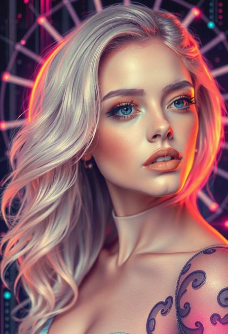 high quality design aesthetics, synth pop, detailed, pop album cover, beautiful young white woman, artist name "Musaic"