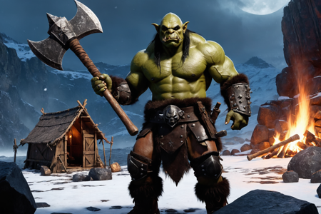 an orc warrior with green skin, muscular build, wearing leather armor with fur, holding a battle axe, solo, from the Deathforge Clan, with blackened armor and death symbols, an orc camp with leather tents, wooden stakes, a central bonfire, detailed background, guarding a prisoner, holding a chain, tired, eyes drooping, environment focus, wide shot, a warship launch with orcs rowing, ship moving, water splashing, a blacksmith's hammer, nearby, on rocky terrain, jagged stones, snowy, snowflakes falling, icy ground, cold air, early evening, soft orange glow, first stars appearing, cooling air, best quality, vibrant colors, realistic style, high detail, high-definition, hyper-realistic, extremely high-resolution details, fine texture, incredibly lifelike, realistic, not cartoon, not drawing, highres, 4K resolution, source photo, realistic photo, masterpiece, best quality, amazing quality, very aesthetic, ultra-detailed, detailed textures, natural lighting, soft light, volcanic red tones, deep reds and blacks, moonlight, cool silver glow, dynamic angle, wide shot