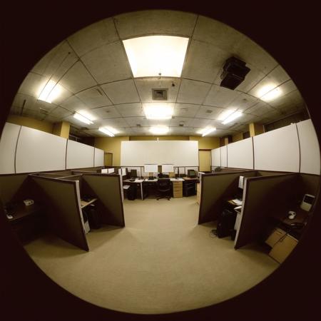 <lora:fisheye2:1>, fisheye, 

 An empty, deserted office building, with rows of empty cubicles and silent phones. The atmosphere is one of desolation and loneliness, as the camera explores the vast, silent space.