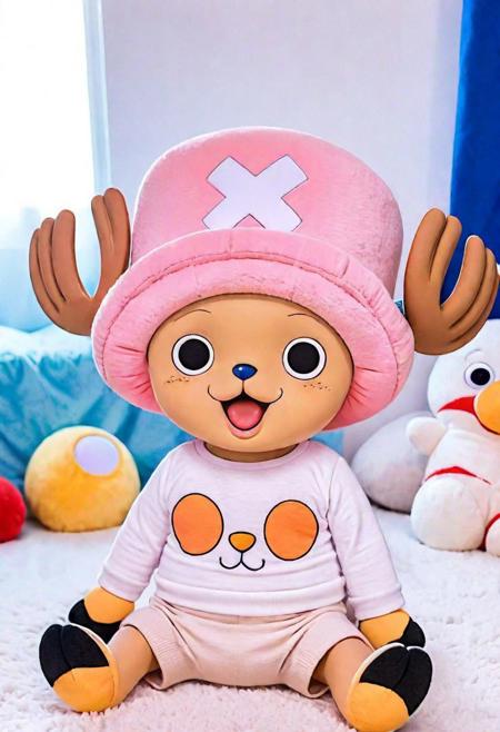 (Ultrarealist Animal:1.5) (Tony Tony Chopper:1.5) (Cute:1.3)In a bright child's room he is sitting on the floor, with some toys, he is very sweet, he is small, innocent and super cute, rays of light illuminate the little one coming from a window with white curtains, the room has a colorful bed a white and blue closet, there is a stuffed animal of the Karoo duck from One Piece next to it, as well as a lot of toys on the floor,8k   realistic hair, ultradetailed background, beautiful photography, (soft fur:1.3), adorable, whimsical, affectionate, cuddling, soft fur, tiny paws, expressive eyes, sunset glow,