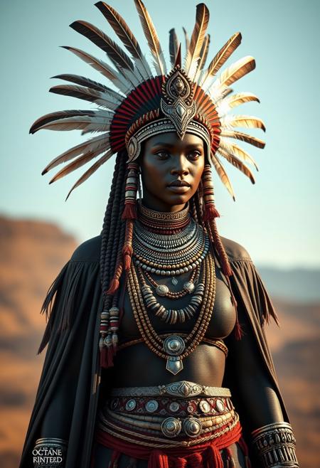 ultra realistic full body costume design  and character design of an african tribal warrior queen + feather headdress + ultra detailed accessories + long cape + a lot of tribal necklaces, photographic style, 8k, octane render