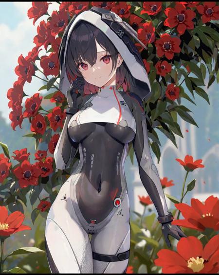 (1girl:1.2),(solo:1.2),masterpiece,best quality,highly detailed,best quality,photo realistic,depth of field,highres,extremely detailed wallpaper,third-party edit,<lora:LyraLoraXL:1>,(serious:1.5),extremely detailed bodysuit,covered navel,red eyes,(smelling a flower,flowers background:1.3),