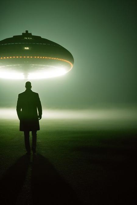 security footage frame,  fog, night, volumetric, industrial buildings, laconic UFO, closeup of man in trenchcoat