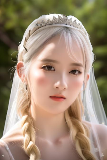 <lora:staycSieun:1>,Sieun,(close-up photo:1.5),(pov:1.1),(silver white hair,bangs:1.2),korean, woman, complex 3d render ultra detailed, full body, portrait of beautiful women, looking over spruce forest, moody portrait, striking features, beauty, intricate details, dramatic composition, tension, wispy hair, contrast, texture, realism, high-quality rendering, stunning art, high quality, film grain, Fujifilm XT3,swirly bokeh,(realistic, photo-realistic:1.4),RAW photo,physically-based rendering,(looking at camera:1.5),(looking at viewer:1.2),perfect eyes,(8k, best quality, masterpiece:1.2),(full body shot:1.1),octane render,extremely detailed CG, unity 8k wallpaper,studio soft light, rim ligh,in forest,sunlight,standing,(a girl is wearing wedding dress:1.5),hyper realistic detail shiny skin,ultra detailed,(ultra realistic:1.5),(intricate:1.2),(photorealistic:1.4),1girl,(skinny:1.3),detailed background ,smile