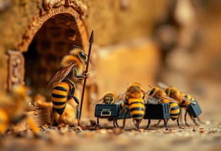 score_9, score_8_up, score_7_up, photo bokeh, blurred background
A close up of a bee hive entrance.  There are 2 bees standing upright on their back legs wearing armor and holding spears.  They are inspecting worker bees that are lined up waiting at the entrance.  The worker bees  are walking upright on 2 legs carrying brief cases.