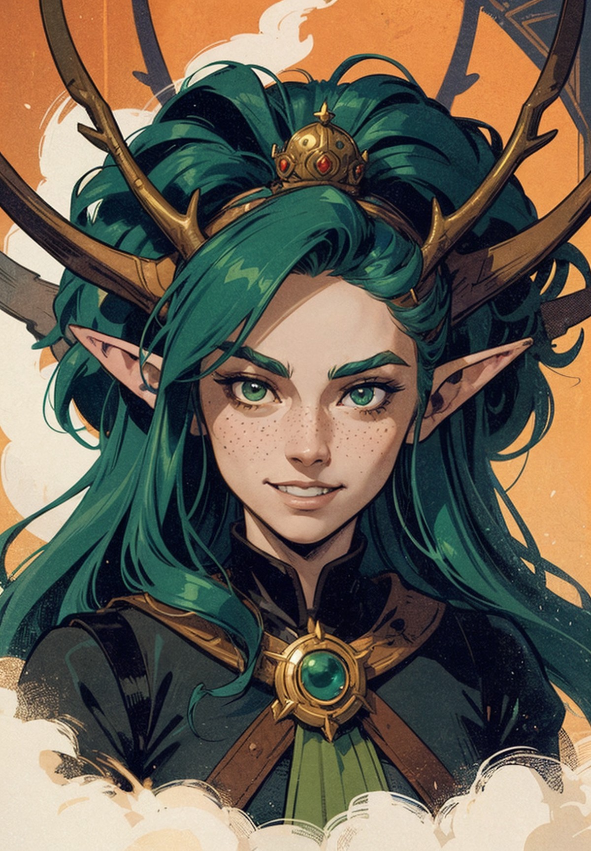(exciting graphic novel style:1.3), portrait, an elf princess with a (snob grin, teeth.1.2), messy green hair, tiara, antl...