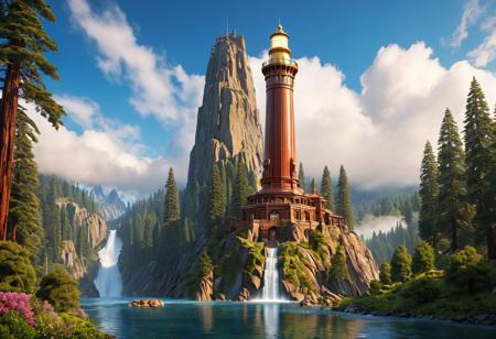 (masterpiece:1.5), unreal 8k wallpaper, unity 8k wallpaper, score 9, score 8 up, score 7 up, masterpiece_portrait, extreme quality, reflection, surface reflection, dynamic lighting, Cinematic style, cinematic quality, ((no humans, no people)), a spectrum of iridescent colors, precise, fractal design, flowing curves, precision, colorful, fractal geometry, harmonic interference, digital illustration, photo manipulation, altered realities, fantastical scenes, digital artistry, striking visuals, sharp focus, detailed background, light reflection, a elegant architecture of boundless opportunities, (an huge brass futuristic lighthouse sitting on top of an enormous marble base), a beautiful huge brass futuristic lighthouse sitting on top of an enormous marble base at the rim of a enormous redwood forest, mountains in the background, enormous redwood trees, (a flowing stream with a waterfall), realistic, photorealistic, blue sky, fluffy clouds, beautiful world, long forgotten, flowing water, fluid architecture, glowing flowers, luminescent water, shiny marble, sharp background details, highly detailed brass futuristic lighthouse, polished metal, fluffy clouds, mist, fog, ultra detailed landscape,