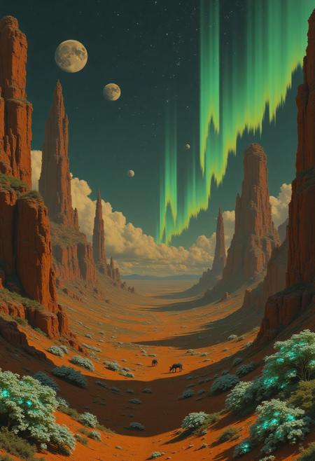 Nixst3rAes, hyper-realistic image, a vast desert with bioluminescent flora scattered among towering rock formations, surreal sky filled with multiple moons and shimmering auroras, distant silhouettes of mythical creatures grazing, warm golden and teal hues, low light casting long shadows, highly detailed and atmospheric.