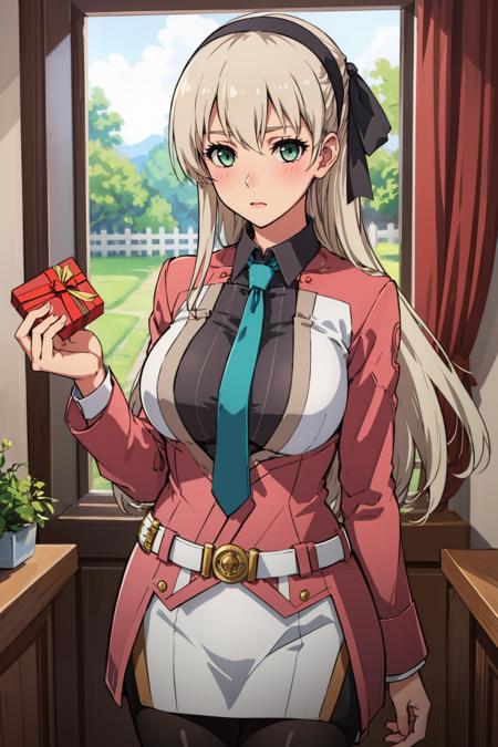 masterpiece, best quality, elie macdowell, hairband, blue necktie, hair ribbon, long sleeves, belt, pantyhose, cowboy shot, large breasts, holding gift, pov, blushing, avoiding eye contact, mansion <lora:elie-nvwls-v2-sen4:0.9>