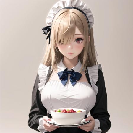 1girl, apron, bangs, black dress, blonde hair, blue neckwear, blush, bow, bowtie, breasts, doll joints, dress, eyebrows visible through hair, frilled apron, frills, hair over one eye, highres, holding, holding plate, joints, large breasts, long hair, long sleeves, maid, maid headdress, parted lips, plate, red eyes, red nails, sidelocks, simple background, solo, twitter username, white apron, white background