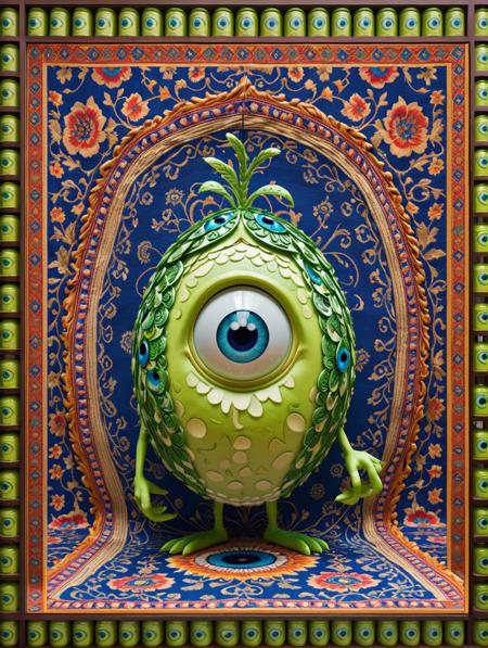 Georgian Mike Wazowski, background, vivid colors, patterns, intricate designs, colorful, rich colors, <lora:Hassan_Hjjaj_Style:0.8> the, hassan, and, hjjaj, style