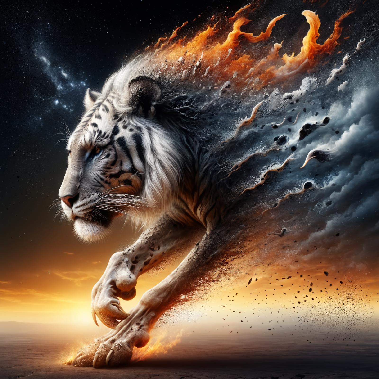 Artistic Painting of a Tiger with a Blazing Sunset and Clouds in the Background