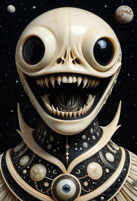 masterpiece,ultra-high resolution,incredible composition,extremely detailed, 
Ebony and Ivory Scrimshaw style monster  with googly eyes, sharp teeth, rage extraterrestrial inside it, in space. made of enchanted  Macabre made out of, ebony, ivory, scrimshaw, bone carving