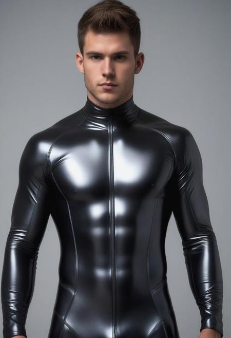 a strong 24-year-old american male, with top crop hair, hypnotized expression, wearing a skin tight latex jockstrap over his latex suit, wearing a skin tight black latex cybernetic suit with dark-gray and silver latex details, standing at attention posture,  inside a modern university, looking to the camera, detailed face, Cinematic, Photoshoot, Shot on 25mm lens, Depth of Field, Tilt Blur, Shutter Speed 1/1000, F/22, White Balance, 32k, Super-Resolution, Pro Photo RGB, Half rear Lighting, Backlight, Dramatic Lighting, Incandescent, Soft Lighting, Volumetric, Conte-Jour, Global Illumination, Screen Space Global Illumination, Scattering, Shadows, Rough, Shimmering, Lumen Reflections, Screen Space Reflections, Diffraction Grading, Chromatic Aberration, GB Displacement, Scan Lines, Ambient Occlusion, Anti-Aliasing, FKAA, TXAA, RTX, SSAO, OpenGL-Shader s, Post Processing, Post-Production, Cell Shading, Tone Mapping, CGI, VFX, SFX, insanely detailed and intricate, hyper maximalist, elegant, dynamic pose, photography, volumetric, ultra-detailed, intricate details, super detailed, ambient