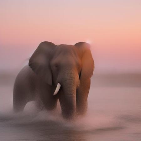 breathtaking Wildlife photography,RAW photo, majestic elephant charging at viewer,  morning fog, highly detailed, sun rise, pink and orange clouds, detailed water, vivid colors, <lora:add-detail-xl:.7>  . award-winning, professional, highly detailed