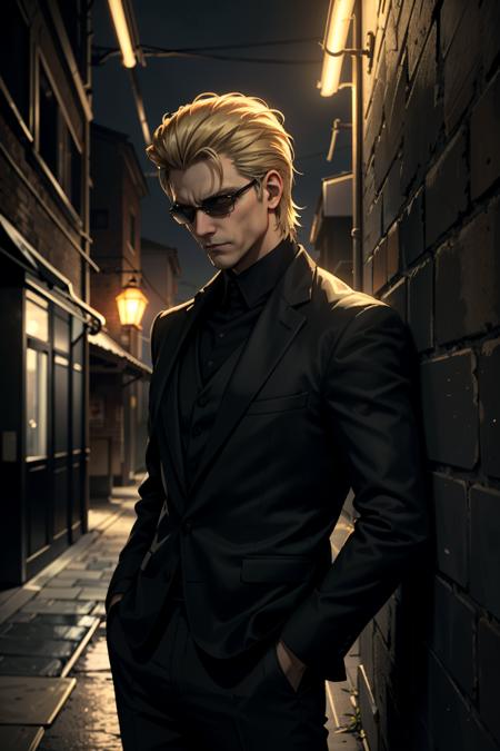 ((ultra detailed, masterpiece, best quality))
 <lora:REAlbertWesker:0.8>
REAlbertWesker, 1boy, solo, blonde hair, In a dimly lit urban alley, tailored black suit, ambient neon lights casting shadows, leaning confidently against a brick wall