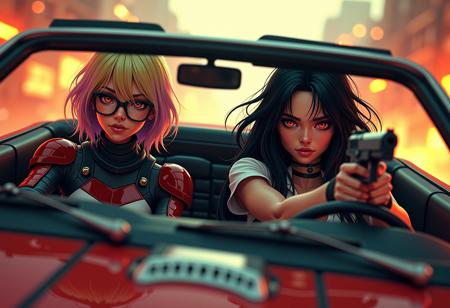 Photographic, ultrarealistic, Best quality, masterpiece, movie poster, 2girls, beautiful, deadly, survivor armor, one with short rainbow colored hair and glasses, one with long black hair and red eyes, size difference, complimentary features, one driving convertable sports car, the other with a pistol, friends, fighting pose, horde of agents attacking in the backround, apocalyptic, low light, gritty, action, high speed chase