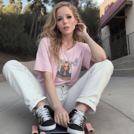 (Masterpiece Photo:) of (Happy) lesliemann,  sitting on a skateboard skateboard. Highly Detailed,(Feminine:1.4),(beautiful:1.4),(attractive:1.3),calendar pose,perfectly detailed eyes,studio lighting,thematic background, (high detailed skin:1.2), 8k uhd, dslr, soft lighting, high quality, film grain, Fujifilm XT3