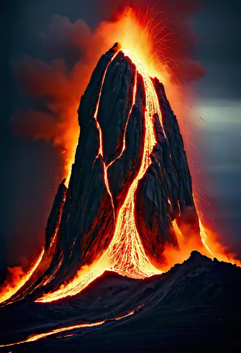 a highly detailed digital artwork depicting a dramatic volcanic scene, the focus is on a large jagged rock formation that appears to be erupting, with molten lava flowing from the base into the air, creating a mesmerizing, fiery effect, the rock is dark grey with jagged edges, and its surface is covered in a thick layer of red and orange flames, with some areas appearing lighter and fiery than others, the flames are vibrant and dynamic, with thick, wavy lines that curve upwards towards the centre of the image, adding a sense of movement and energy, the background is a dark, stormy sky with swirling dark clouds, enhancing the dramatic and intense atmosphere, the overall colour palette is dominated by shades of red, orange and black, with the flames and rocks standing out dramatically against the dark background, the artwork is highly realistic, with an emphasis on texture and movement, making it appear almost three-dimensional, the image exudes a sense of awe and wonder at the the beauty and intensity of the volcanic landscape