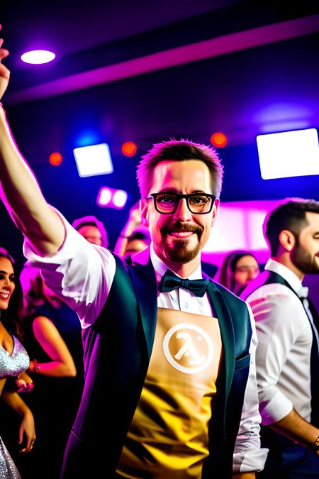 RAW photo, gordon_freeman dancing on the party, best quality, high quality,  <lora:GordonFreeman:1>