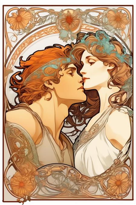 <lora:Alphonse Mucha Style:1>Alphonse Mucha Style - Clipart illustrated corner borders in the style of Alphonse Mucha with a man on the left and a woman on the right. They should be facing each other and have a white space between them for text