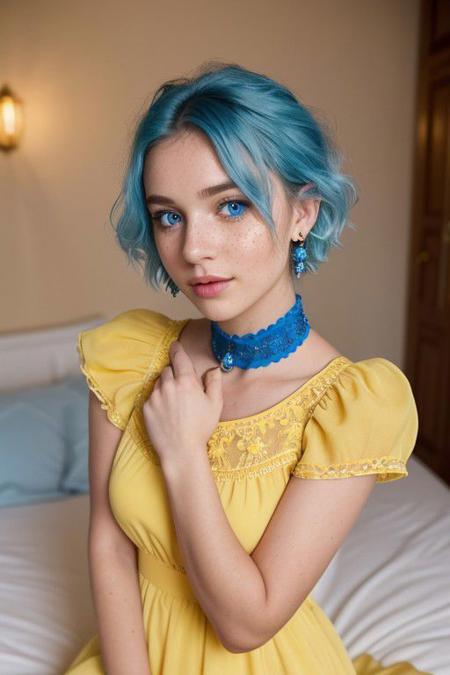(1girl:1.15), short voluminous fluffy bright blue hair, (European:1.3), blue eyes, (yellow dress:1.3), (25 years old, young:1.2), earring, (Ukraine:1.2), Ukraine flag, yellow and blue, jewelry, with subtle freckles, subtle skin blemishes, visible skin pores, natural skin texture, (inviting expression:1.3), choker, cream eyeliner, beautiful hands, European, cozy bedroom, (golden hour:1.2), (warm glow:1.3), warm colors, RAW Photograph, leica full frame camera, soft lighting, high quality, insane details, masterpiece, 8k, 50mm f/1.4 photograph, highly detailed