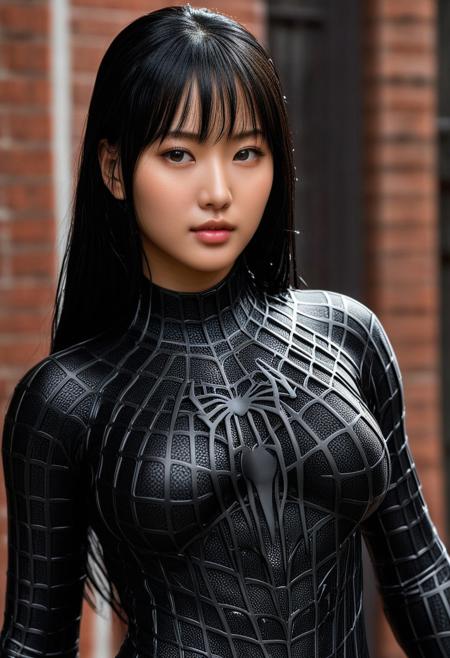 score_9, score_8_up, score_7_up, best quality, realistic, masterpiece, beautiful detail, hyperrealistic, ((1girl, woman body, big breasts)), amazing detailed full body of a cute korean girl, cute face, wearing a realistic and highly detailed black raimi spider-man suit, ((huge muscular girl)), professional model wears ultra - detailed black raimi spider - man suit, ultra - detailed and grained black raimi spiderman suit, suit covered entire body and hand, black spiderman gloves, wet, close up, black hair, variation pose, octane render, highly detailed, volumetric, dramatic lighting, (highest quality:1.1), (HDR:1.3), (top quality, best quality), realistic, high definition, masterpiece, 8k, best quality, best illumination, best shadow, an extremely delicate and beautiful, finely detail, depth of field, classic, highres, perfect lighting,