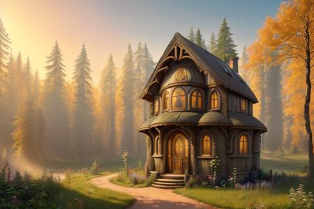 (Professional 3D rendering:1.3) of (lonely hobbithouse in the middle of a forest with a round door and round windows on its side and a pathway leading to it, at sunset), (Low-angle perspective), (natural lighting), (Wide-angle lens capturing scenery), hidden objects games, video game concept art, (8K Unity wallpaper), fine details, award-winning image, highly detailed, 16k, cinematic perspective, ((video game environment concept art style)), pretty colors, cinematic environment, architecture, gothic, home design, forest cabin, magical, dark aesthetic, cottage, fairytale, goth, goth aesthetic, fairy tail, luxury, no humans, scenery, tree, outdoors, stairs, Highly Detailed,CGSociety,ArtStation