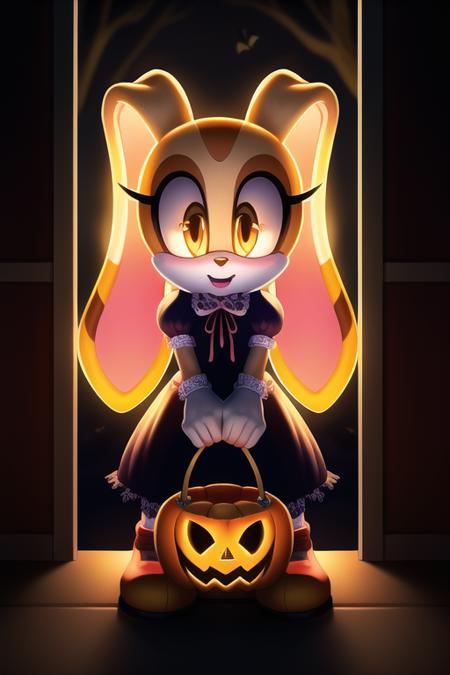 trick-or-treater, mobians, darkness, ambient, intricate detail, refined detail, High resolution, candy, Cream the Rabbit