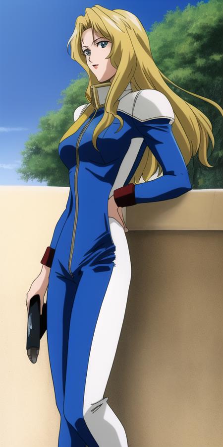 masterpiece, best_quality, highres, <lora:Macross7Rex:0.45>, Macross7Rex, solo, blonde_hair, blue_bikesuit