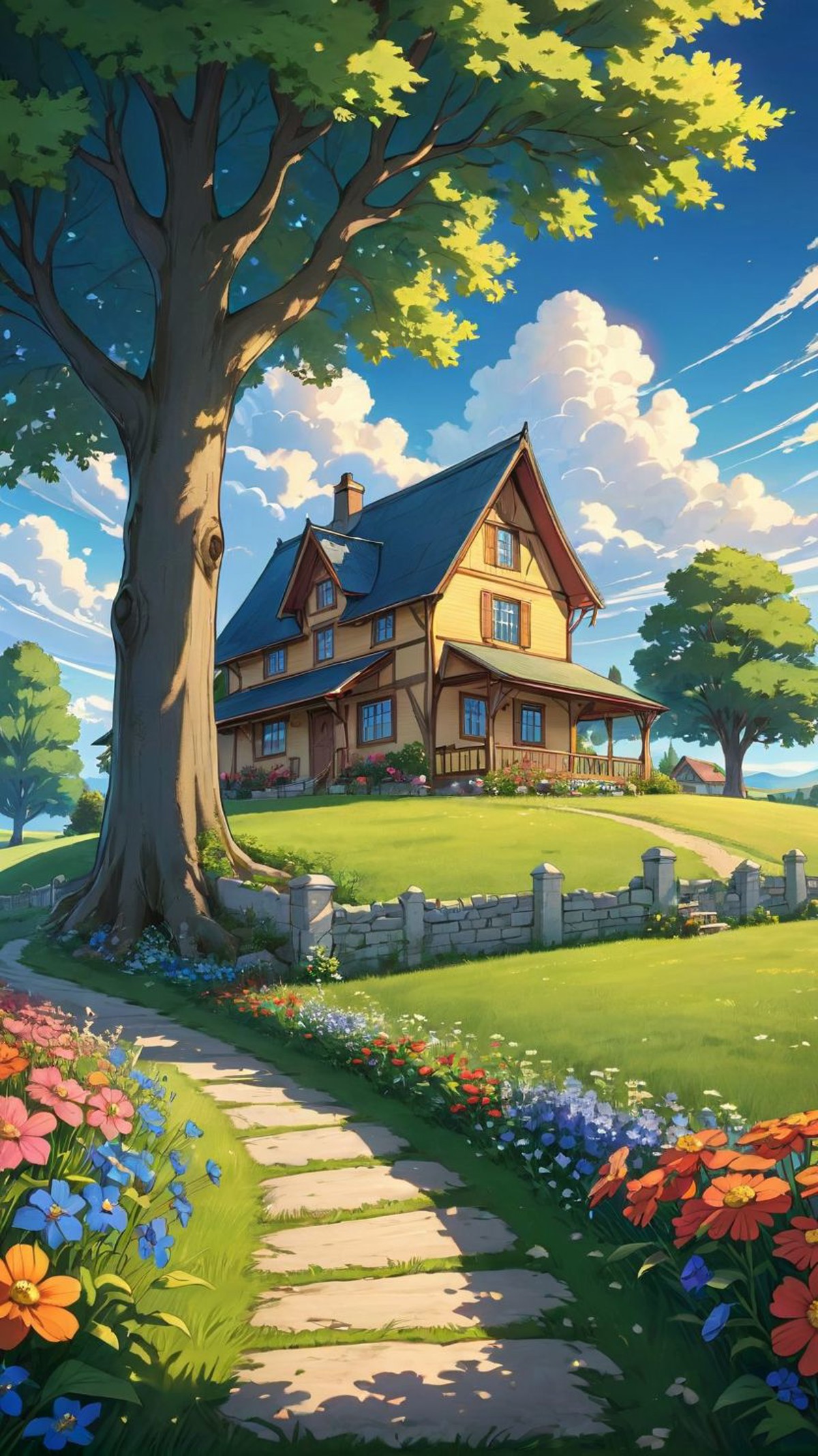 Anime style with detailed line art and sharp focus on lines of  a cozy cottage in a vibrant countryside, surrounded by lus...