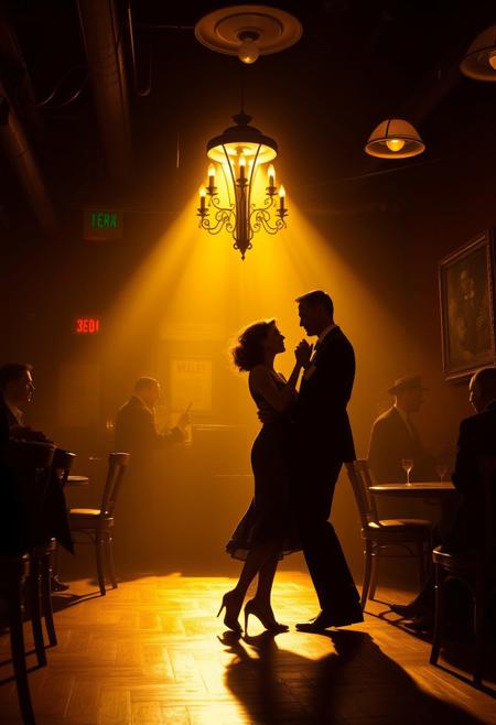 A couple dancing in a dimly lit jazz club, their silhouettes glowing under the moody, golden lighting of Vettriano, but surrounded by the rich period details and storytelling depth of Falter’s Americana style.