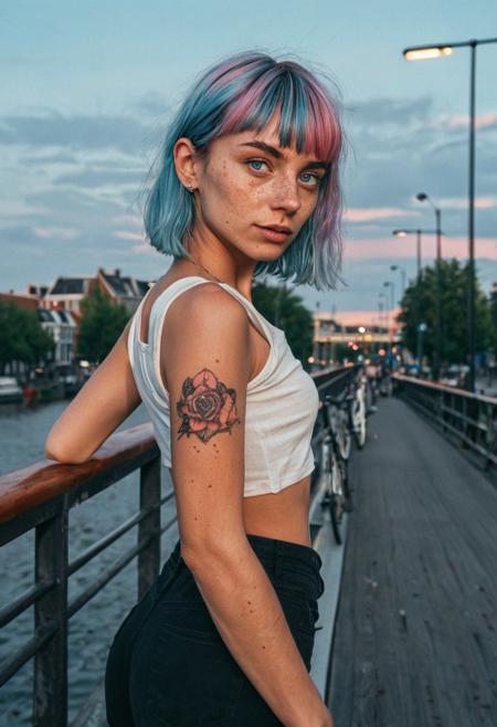 realistic portrait photo of Beautiful young woman,  City Trip to Amsterdam, on Bridge, summer, sunset colorful sky, relaxing, hippie style, chest tattoos, low rise, low contrast style, 8mm film, analog photography style, age 25, pink to blue faided hair, hair roots slightly faded, bangs, , spanish, german, petite and skinny, influencer, light freckles, light blue eyes, sexy makeup, instagram, detailed skin texture, detailed eyes, detailed face,  sunburned, tan, shy, look away, (small waist, wide hips, thick thights:1.4), tight t-shirt, dark pants, side view from behind