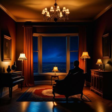 Ultra realistic color pencil  image of
a view of a window at night, viewer is outside the house looking in through the window on a living room, where the silhouette of a man sitting on a chair, under a chandelier can be seen. The window is broken up into smaller windows by muntins. 
BREAK
Dark theme, dynamic lighting, (soft shadows), (soft focus), (photo realistic), uhd, 8k