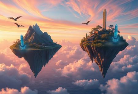 ((blue, orange, pink, sky)), clouds, swirling, 3 floating continent sized islands, the islands are floating high above the ocean, the islands are floating gracefully, the islands are spaces apart, crystals are floating around the islands, eastern dragons are flying between the islands, mountains are visible on floating islands, massive forests on floating islands, jungle trees, vines, beautiful plants, ruins are visible on floating islands, tall obelisks are visible on each floating island, large crystals above each obelisks, blue crystals, floating crystals, crystals floating in sky, trees on floating, exposed earth underneath floating island, dinosaurs are visible on the floating islands, jungle ruins are partially visible on the floating islands, ancient, overgrown, landscapes, intricate details, background colourful, cloud streams, dynamic, vibrant colours, high quality, detailed, realistic, beautiful,