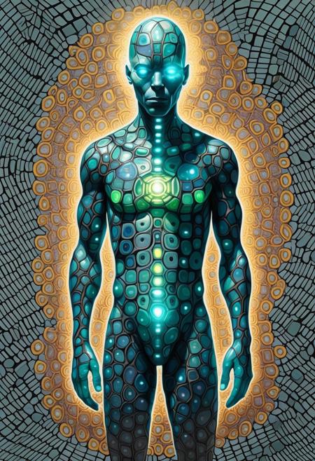 This is a highly detailed, digital artwork featuring a person with a striking, futuristic appearance. The subject is a middle-aged man with a bald head and a stern, contemplative expression. His face and body are covered in a mesh of interconnected, geometric patterns, creating a cybernetic or alien-like appearance.
The image is a digital artwork featuring a stylized, abstract humanoid figure composed of irregular, mosaic-like blocks. The figure stands on a cobblestone ground, which is visible in the foreground. The cobblestones are a mix of dark and light gray tones, adding texture and depth to the scene. 
The humanoid figure is constructed from a variety of colored glass or mosaic tiles, arranged in a patchwork pattern.
The image is a highly detailed, CGI-rendered artwork featuring a fantastical, humanoid figure standing on a city street. The figure, which appears to be a hybrid of human and plant-like elements, has a large, umbrella-like structure on its head that resembles a flower or a leaf, with intricate, swirling patterns in shades of teal and blue. The head is adorned with multiple glowing, spherical eyes that emit a warm, golden light, giving it an otherworldly appearance.