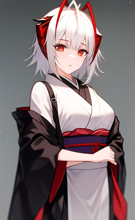 w \(arknights\), 1girl, antennae, ahoge, breasts, cowboy shot, grey hair, horns, looking at viewer, medium hair, parted lips, red eyes, solo, standing, kimono, japanese clothes, mature female, <lora:W:1>,