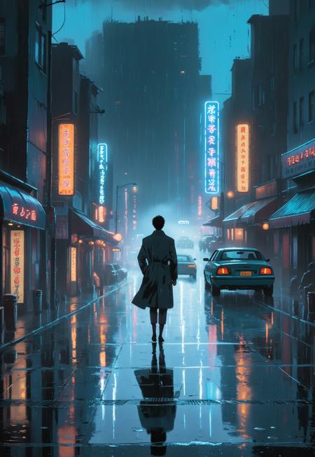 Under a downpour of acid-blue neon, a lone figure in a long dark coat. Gleaming wet pavement, vintage cars, and glowing signage recede into the mist, evoking a timeless, moody noir. Painterly, cinematic style with soft brushstrokes and moody atmosphere, inspired by Pascal Campion and Makoto Shinkai. The art style is clean and graphic, with a slightly minimalist composition, muted color pallet, retro cel-shading, vintage halftone, and crisp line work, reminiscent of nostalgic anime with grainy halftone texture and subtle softness evocative of 80s/90s Japanese animation, with some similarities to vintage European poster art.