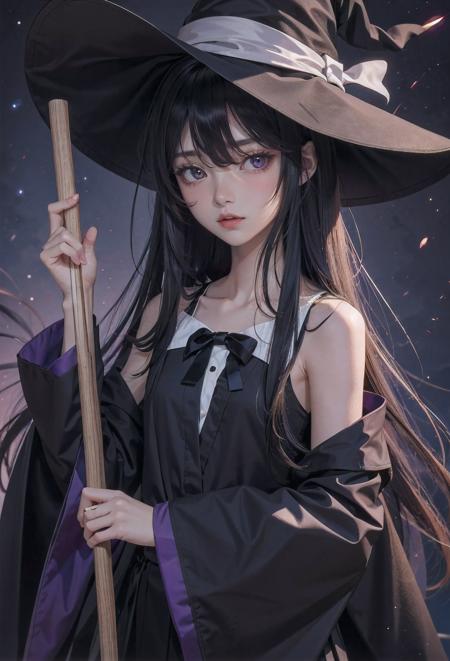 1girl,solo,hat,witch hat,elaina \(majo no tabitabi\),long hair,black headwear,looking at viewer,holding,shirt,purple eyes,heart,open mouth,wand,hair between eyes,bangs,upper body,robe,white shirt,black robe,star \(symbol\),bow,off shoulder,collared shirt,long sleeves,holding wand,open robe,sleeveless shirt,signature,bare shoulders,