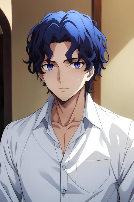 (masterpiece, best quality:1.2), highres, anime screencap, anime coloring, 1boy, solo, male focus,
ShinjiM_V1, blue hair, short hair, wavy hair, blue eyes, purple eyes,
white shirt, dress shirt, collarbone, long sleeves,
upper body, looking at viewer,
<lora:add_detail_CyberAlchemist:0.4>, <lora:GoodHands-beta2:0.8>, <lora:ShinjiM_V1:0.9>