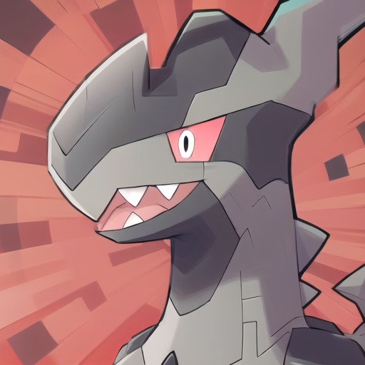 zekrom, activated, solo, closed mouth, smile, red background, upper body